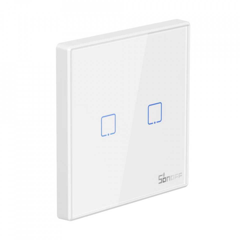 Sonoff Intrerupator 2 canale, wireless, 433 MHz, Sonoff T2EU2C-RF, compatibil cu RFR2, RFR3, 4CHPROR3, seriile TX, SlampherR2